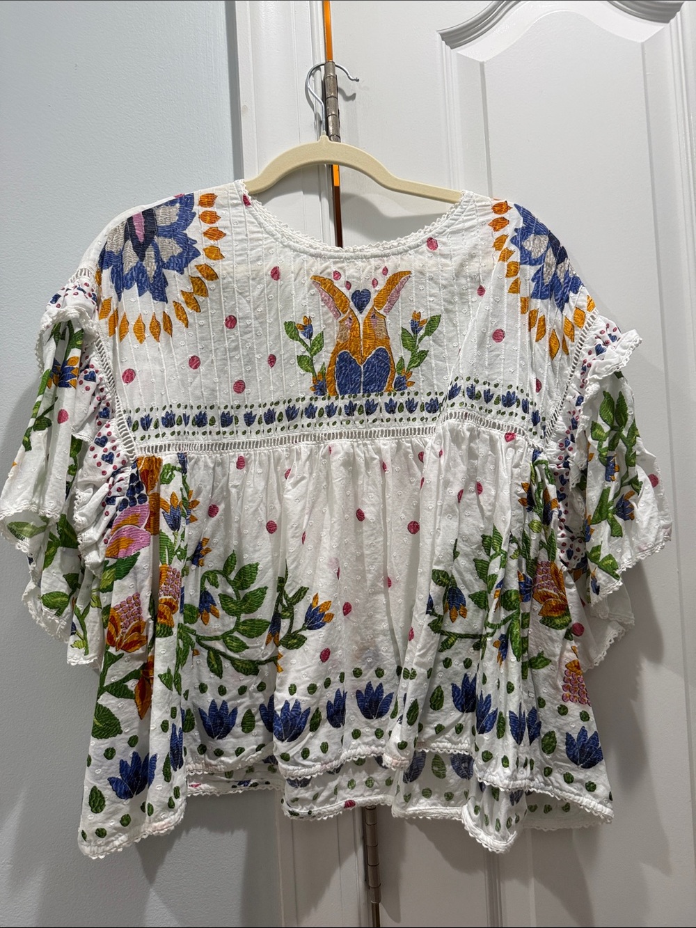 FARM Rio White Embroidered Floral Peasant Tunic with Blue, Green & Gold Accents